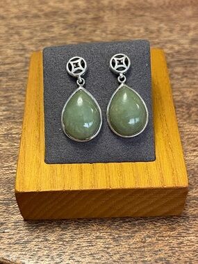 Teardrop Green Jade Stone Drop Earrings in Sterling Silver